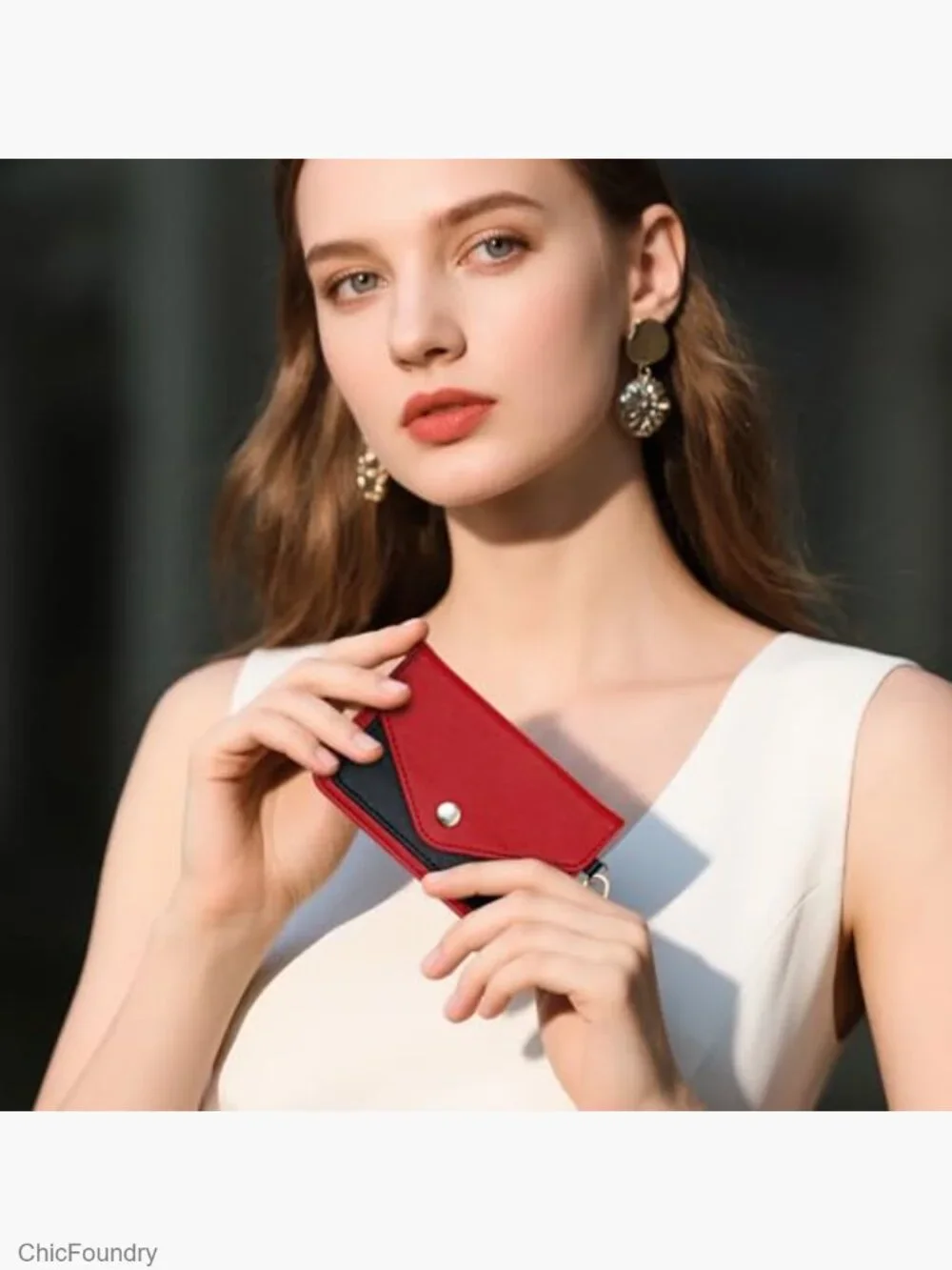 Slim Card Holder with Belt Loop & Metal Clasp - Faux Leather